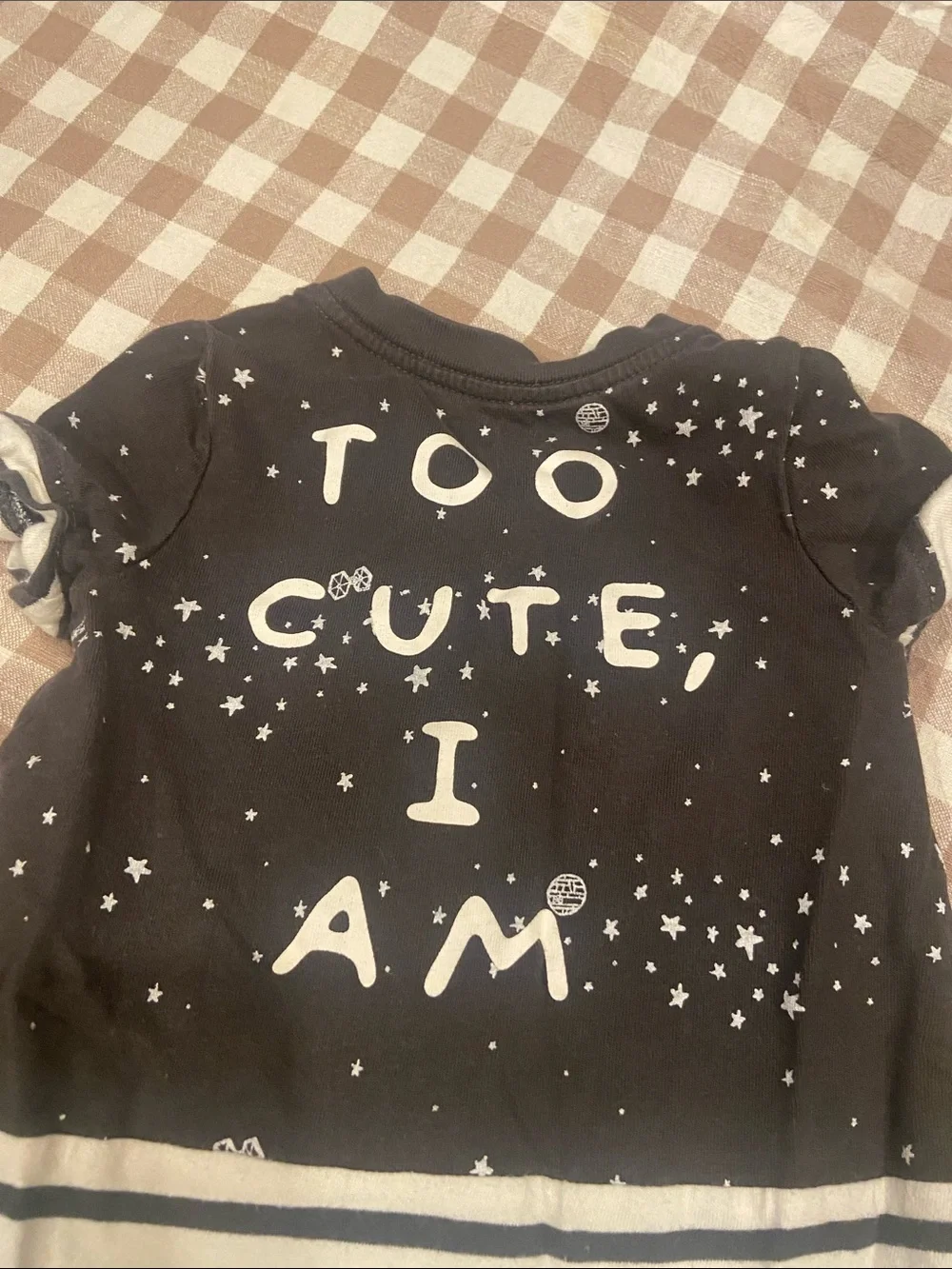 GAP Black and White Star Stripe Baby Romper with Green Character Appliqué